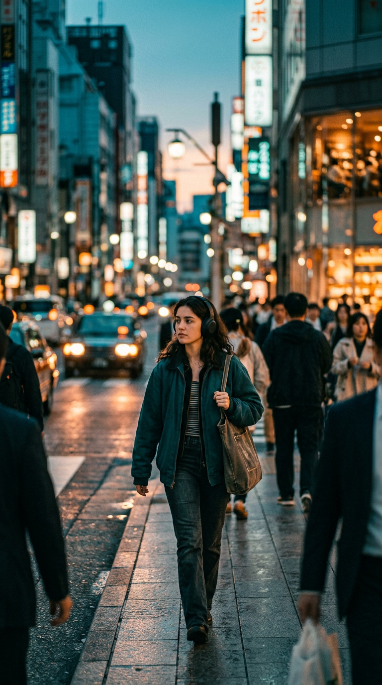 Generated photograph of a woman in headphones walking down a city street at dusk
