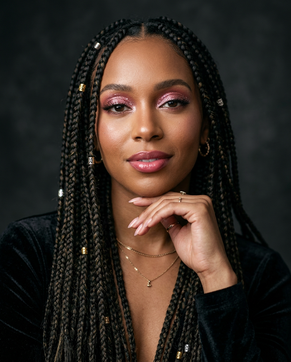 Generated portrait photograph of an R&B artist with braids and pink eye glitter