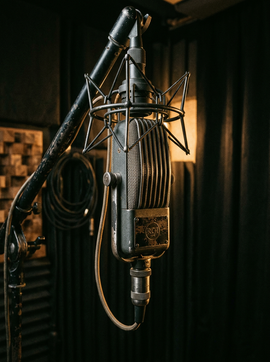 Generated photograph of a ribbon microphone in a recording booth